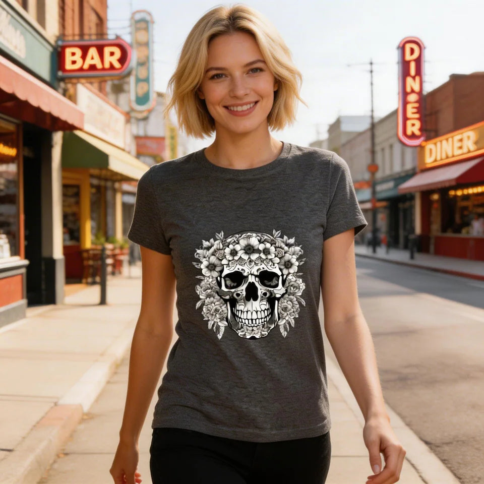 T-shirt femme biker Flower Skull 3 - The 66 Room
